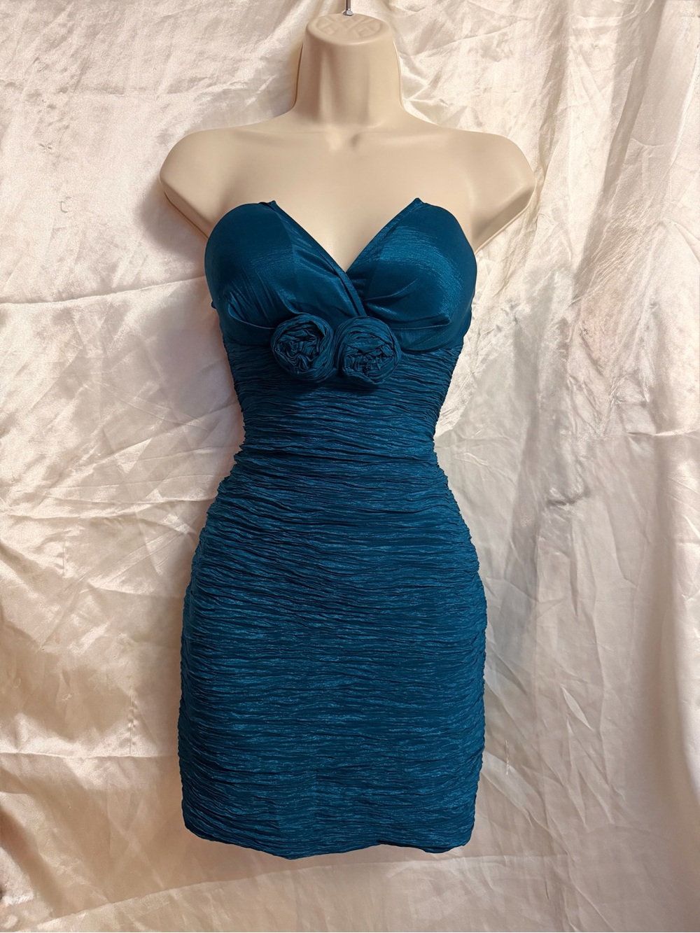 Teal Strapless Ruched Cocktail Dress with Rosette Accents